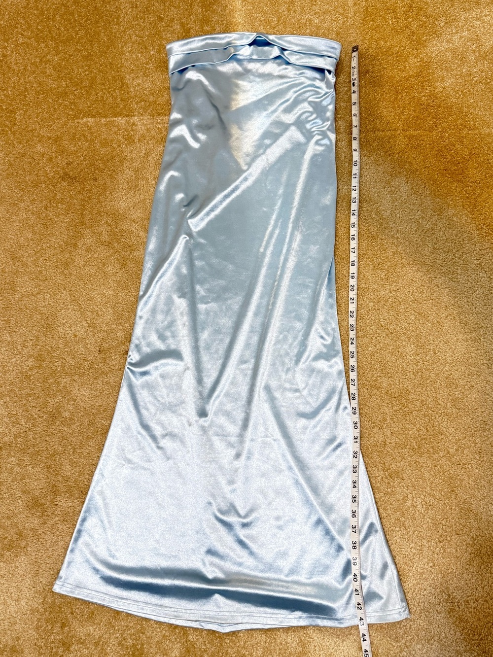 Baby blue satin evening dress, fitted.